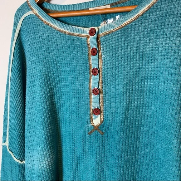 Sundance Gentry Henley Waffle Knit Drop Shoulder Teal Long Sleeve Top NWT - Picture 9 of 11